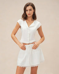 White Splicing Elastic Waist Mini Skirt | Rihoas