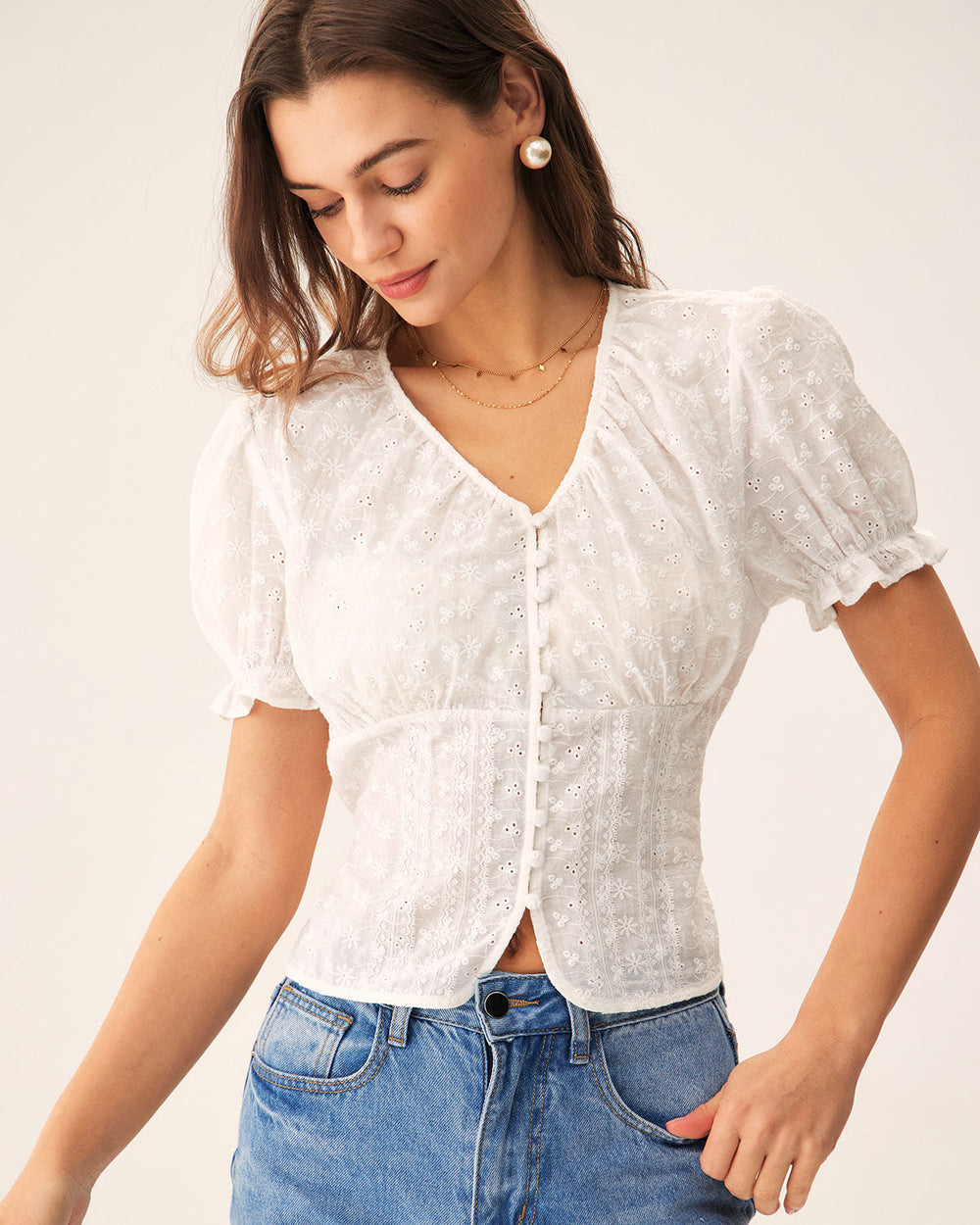 White Floral Puffed Sleeve Blouse | Rihoas