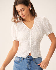 White Floral Puffed Sleeve Blouse | Rihoas