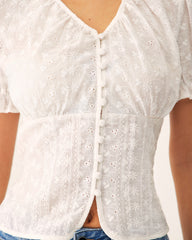 White Floral Puffed Sleeve Blouse | Rihoas
