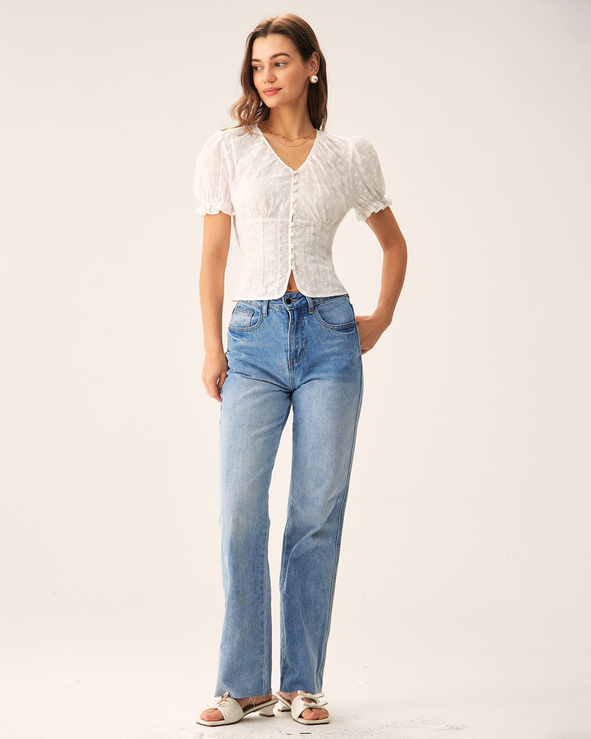 White Floral Puffed Sleeve Blouse | Rihoas