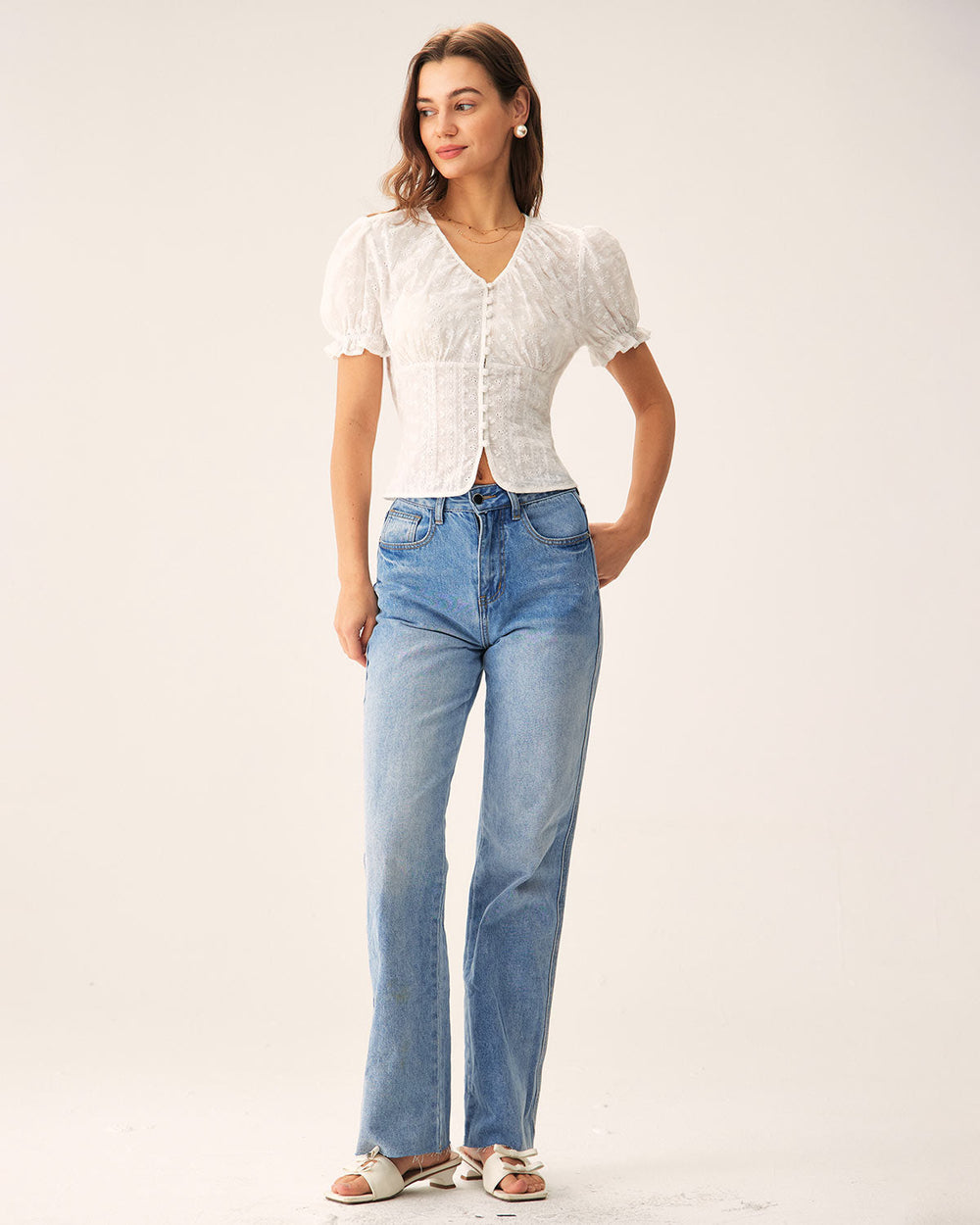 White Floral Puffed Sleeve Blouse | Rihoas