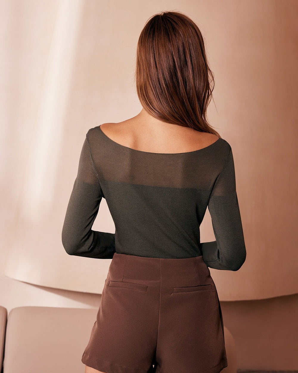 The Green Boat Neck Sheer Knit Top | Rihoas