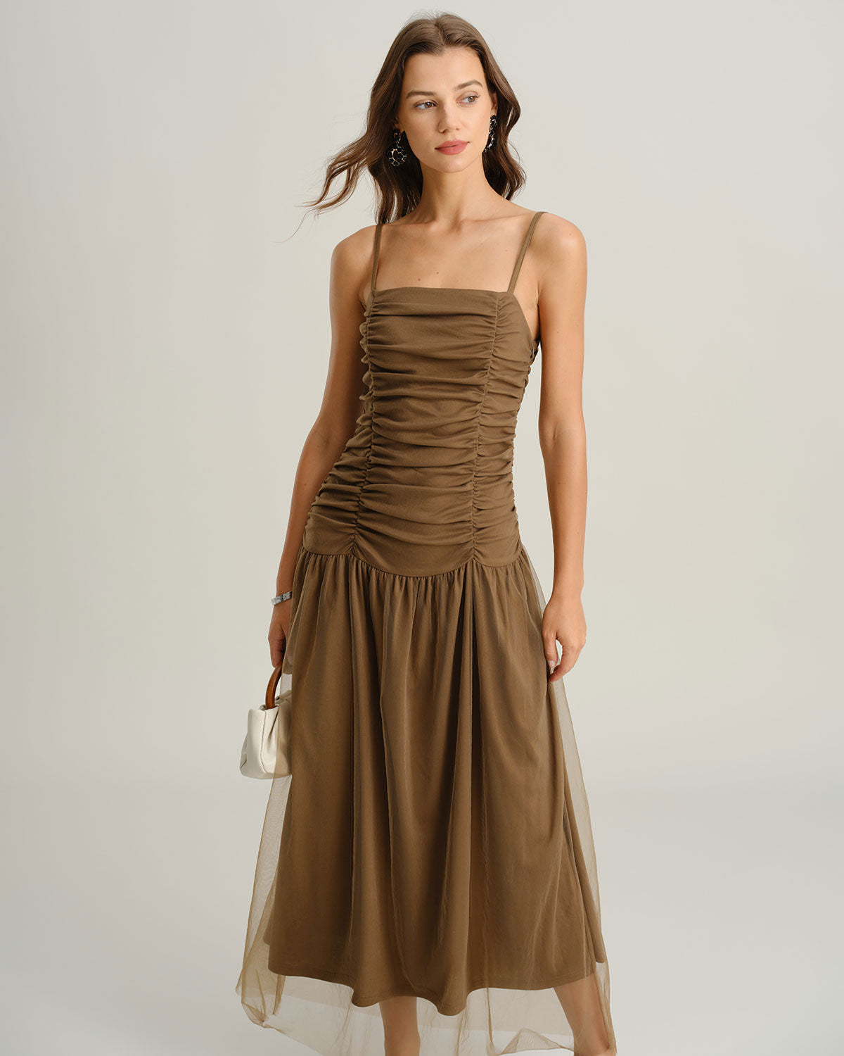 Brown Ruched Mesh Slip Maxi Dress | Rihoas