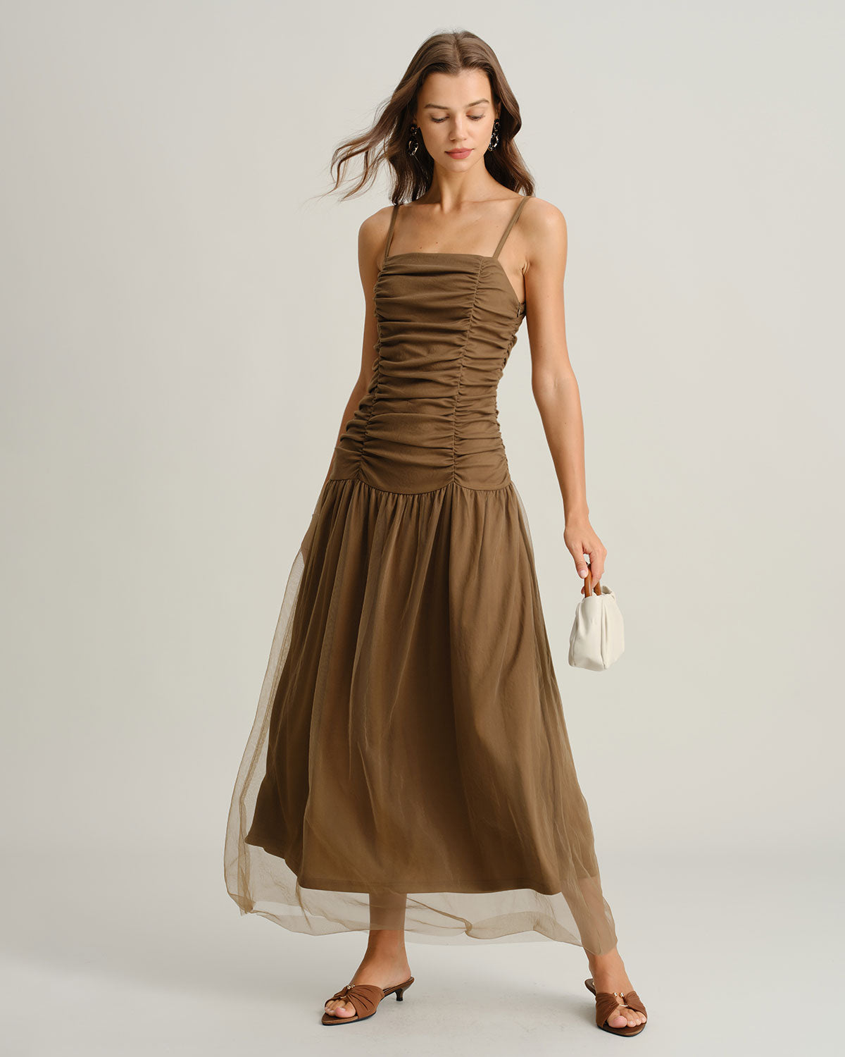 Brown Ruched Mesh Slip Maxi Dress | Rihoas