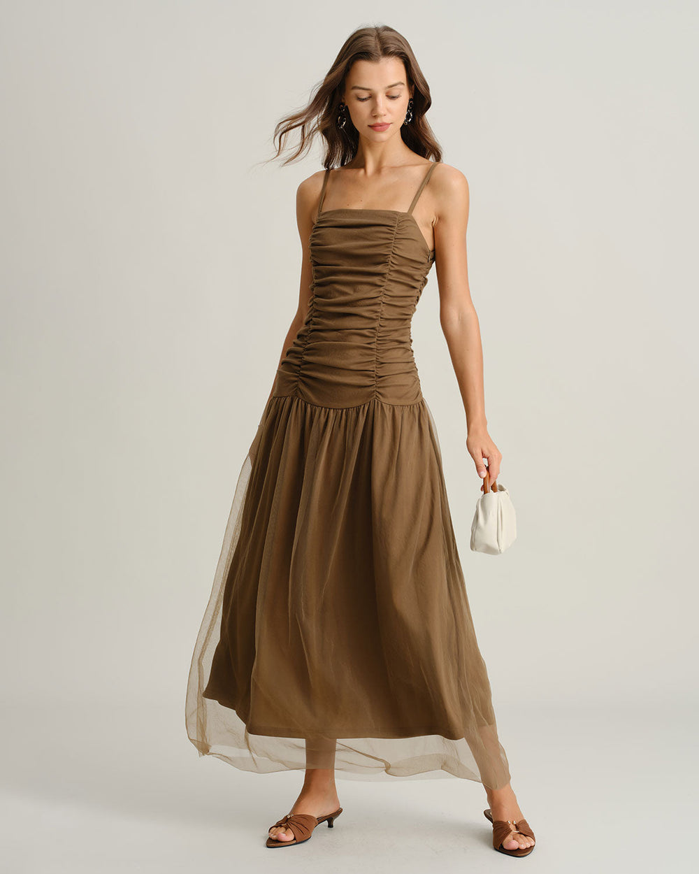 Brown Ruched Mesh Slip Maxi Dress | Rihoas