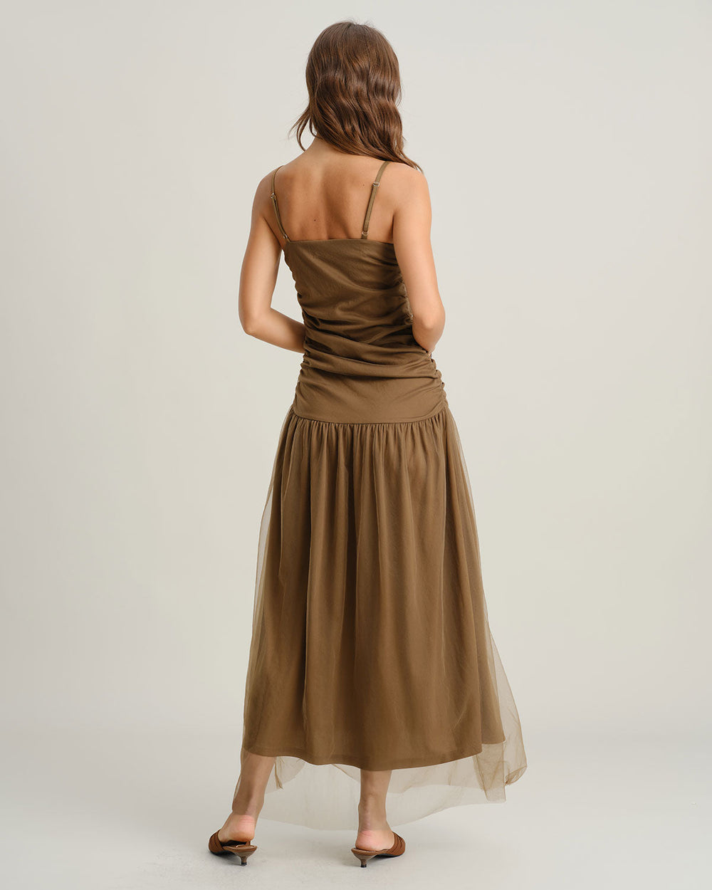 Brown Ruched Mesh Slip Maxi Dress | Rihoas