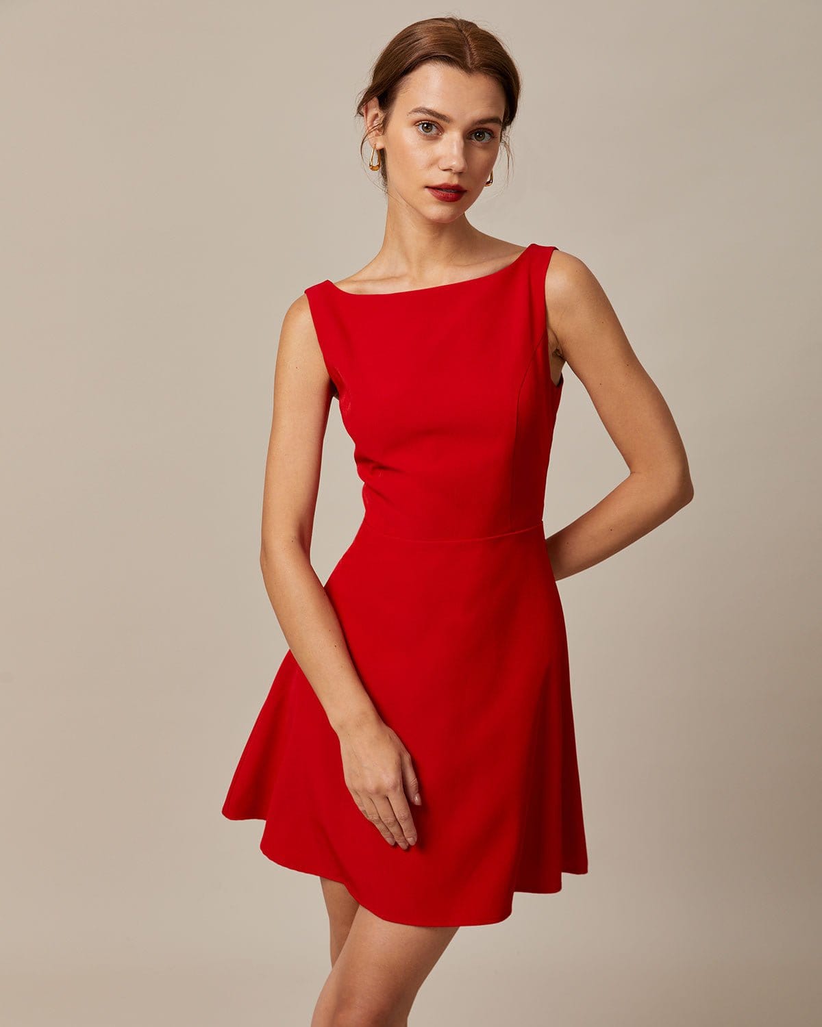 The Red Boat Neck High Waisted Mini Dress | Rihoas