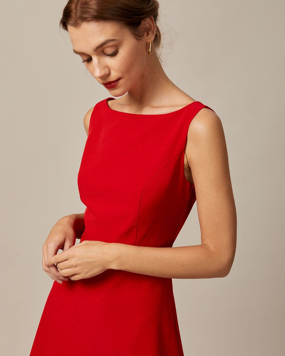 The Red Boat Neck High Waisted Mini Dress | Rihoas