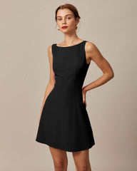 The Black Boat Neck High Waisted Mini Dress | Rihoas