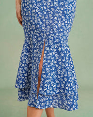 Blue Floral Mermaid Midi Skirt | Rihoas