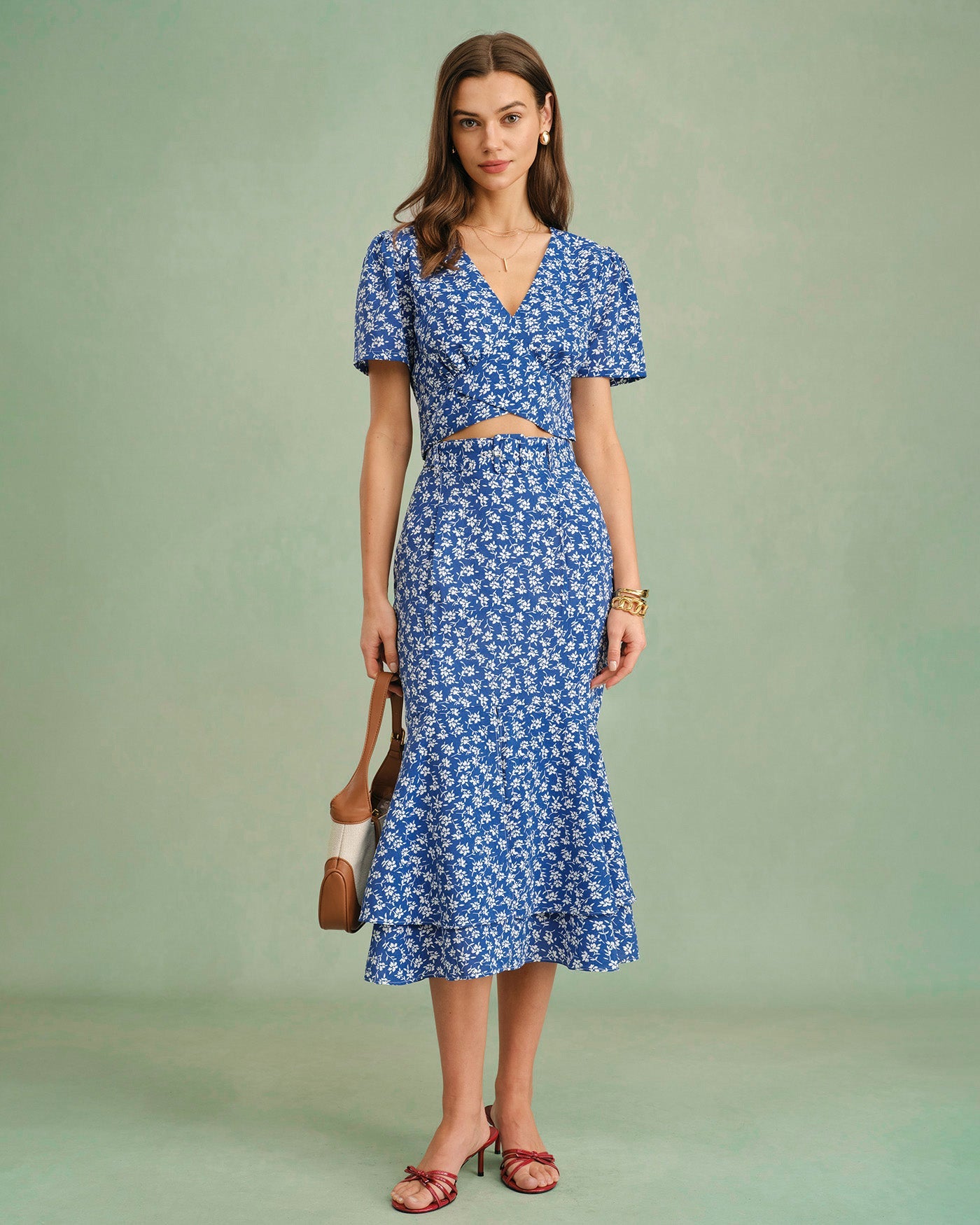 Blue Floral Mermaid Midi Skirt | Rihoas
