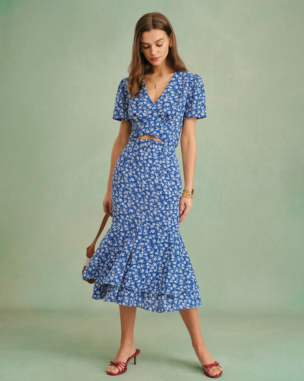 Blue Floral Mermaid Midi Skirt | Rihoas