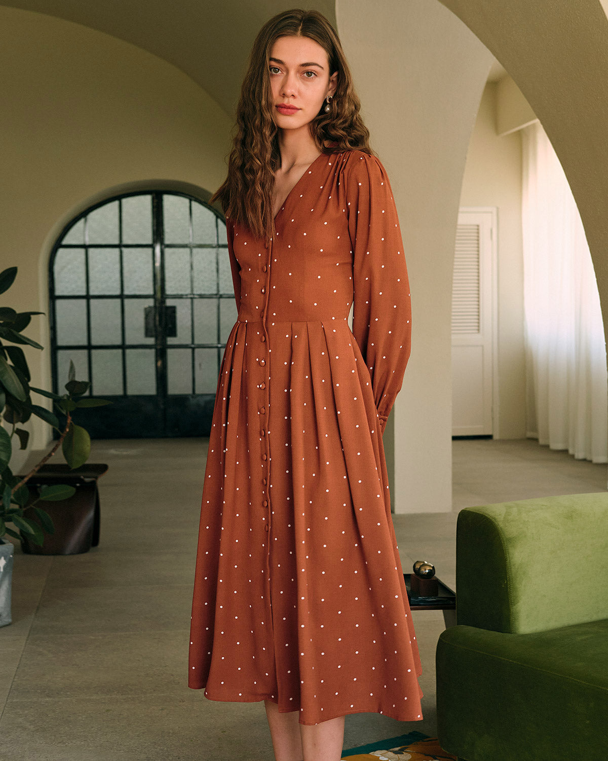 Brown Polka Dot Pleated Midi Dress | Rihoas