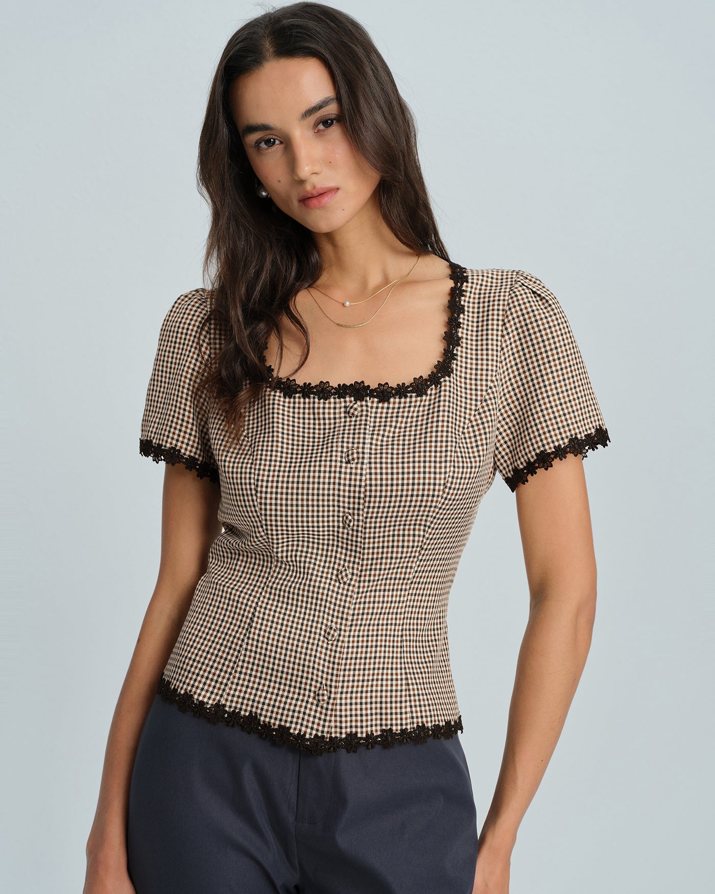 Coffee Square Neck Plaid Blouse | Rihoas