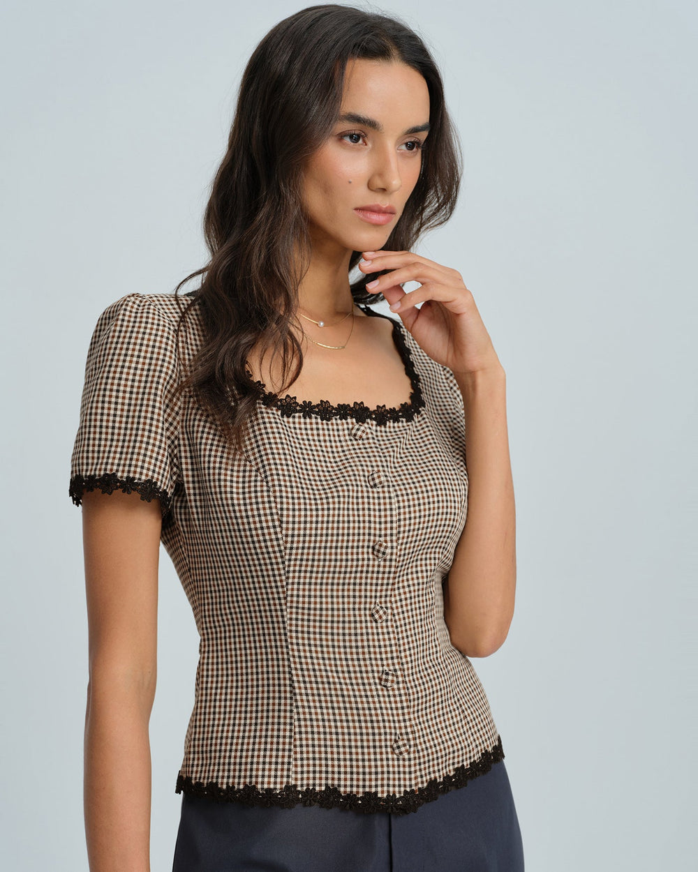 Coffee Square Neck Plaid Blouse | Rihoas