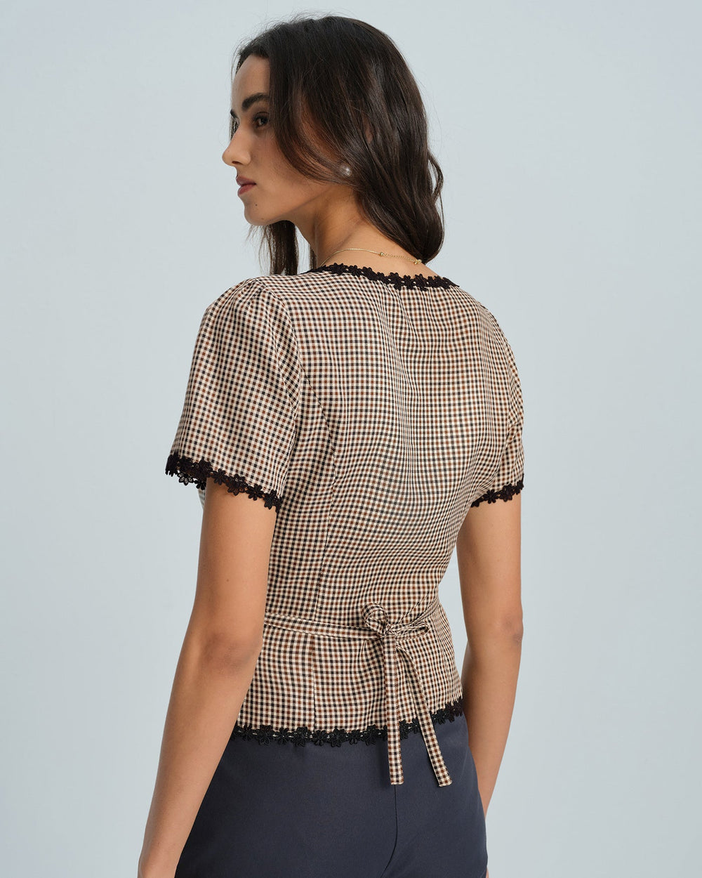 Coffee Square Neck Plaid Blouse | Rihoas