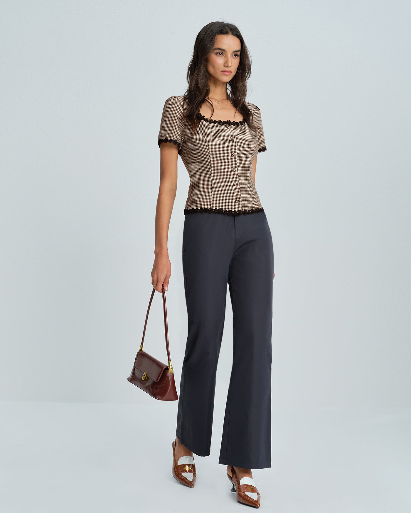 Coffee Square Neck Plaid Blouse | Rihoas