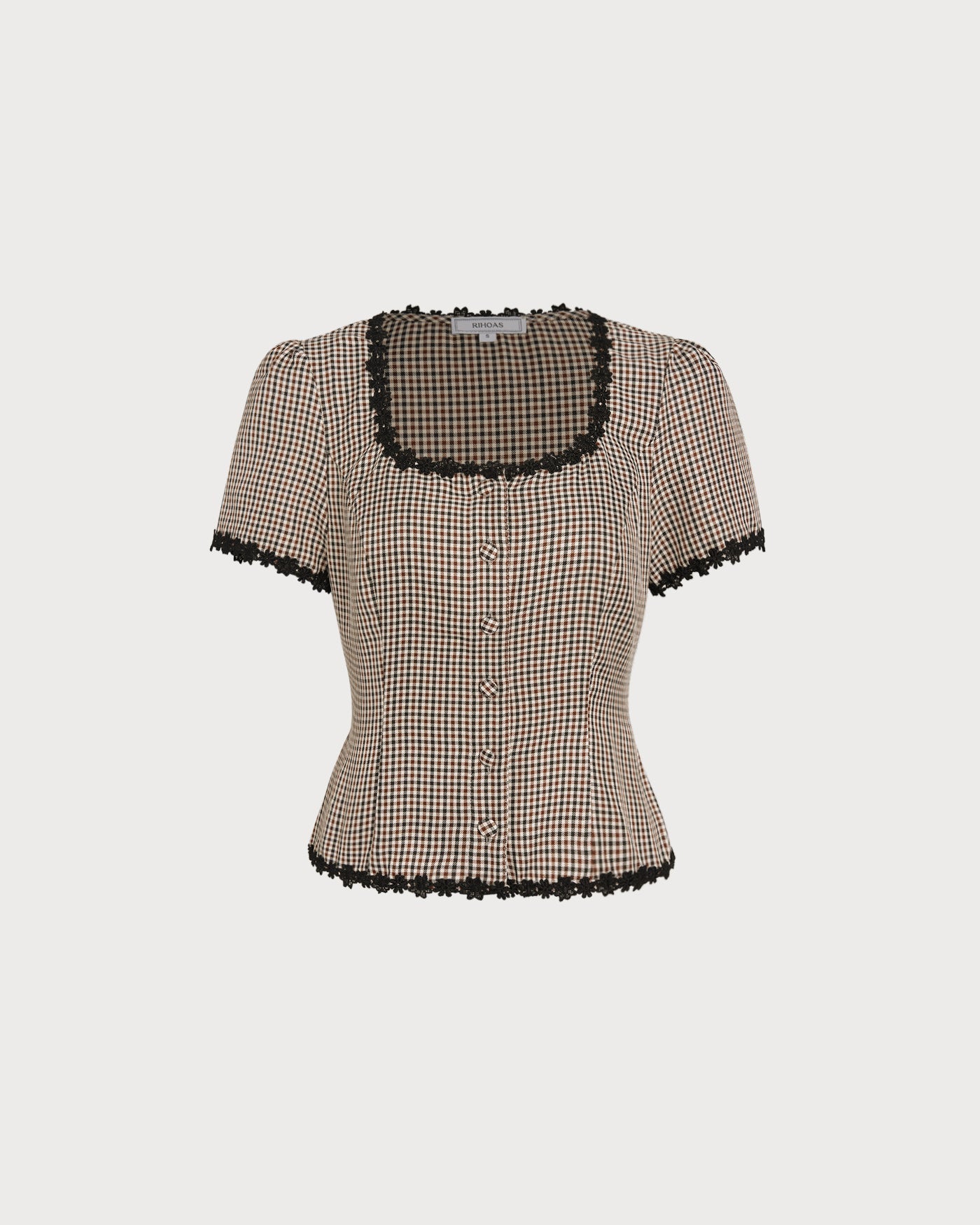 Coffee Square Neck Plaid Blouse | Rihoas