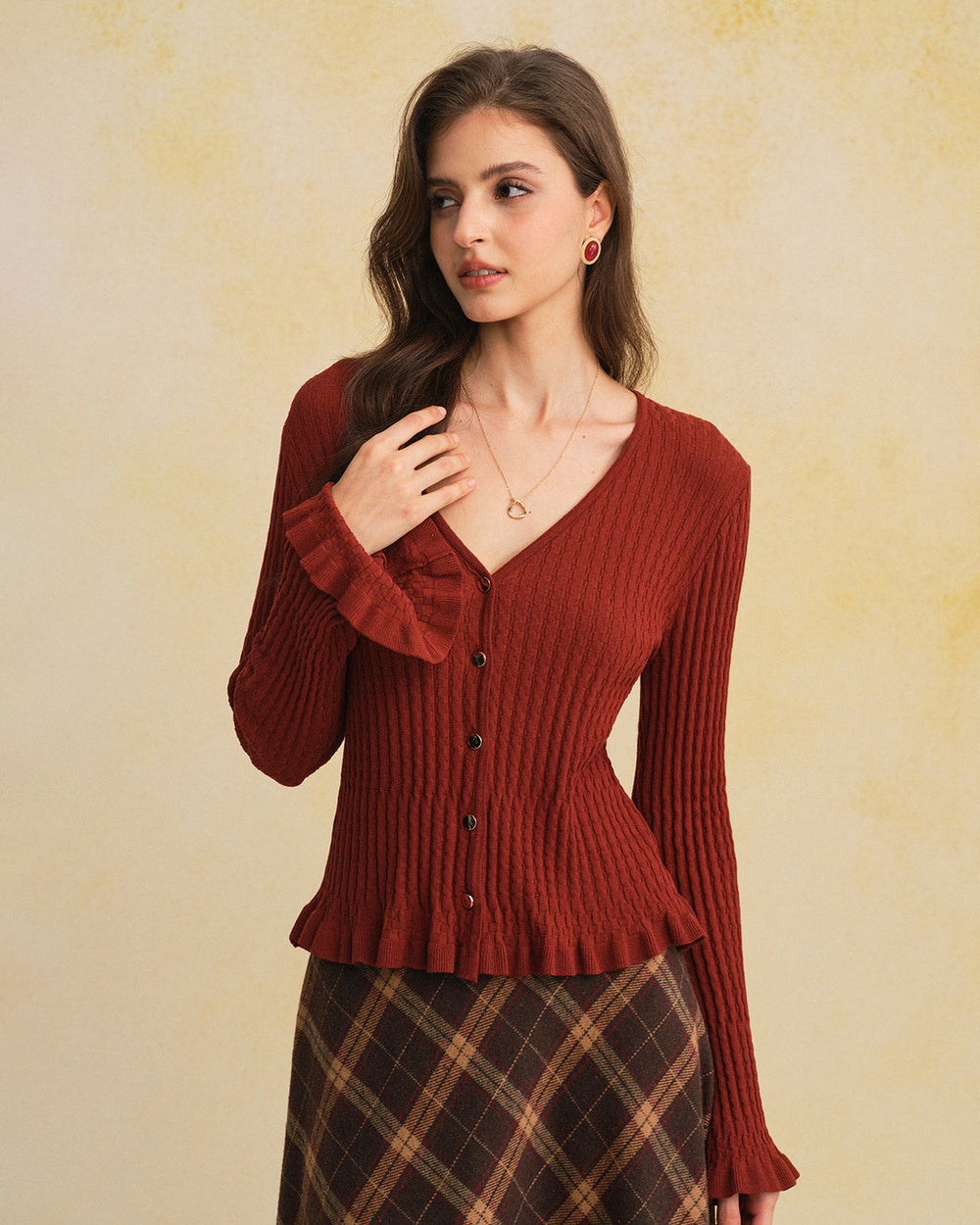 Brown V Neck Bell Sleeve Knit Cardigan | Rihoas