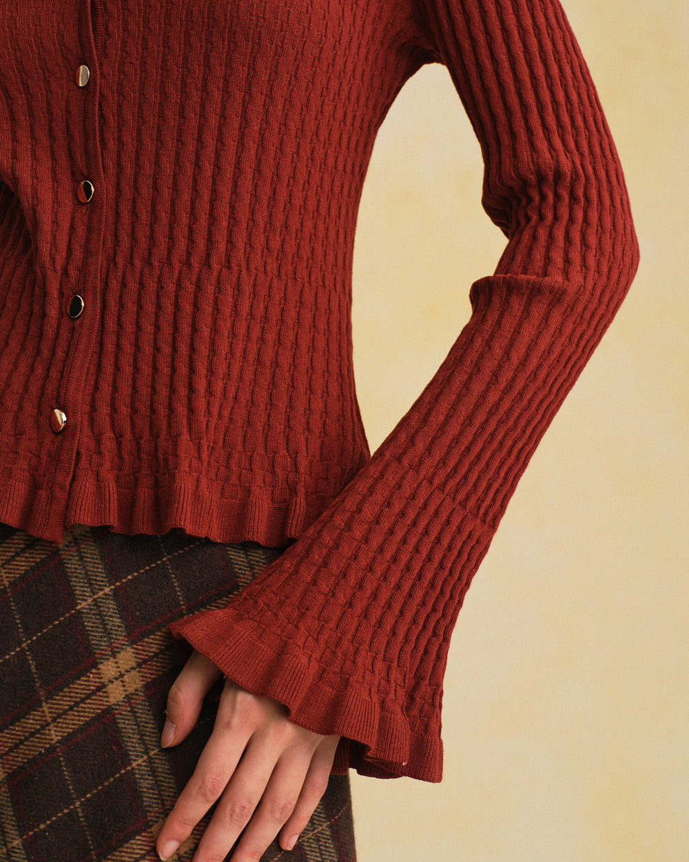 Brown V Neck Bell Sleeve Knit Cardigan | Rihoas