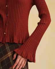 Brown V Neck Bell Sleeve Knit Cardigan | Rihoas