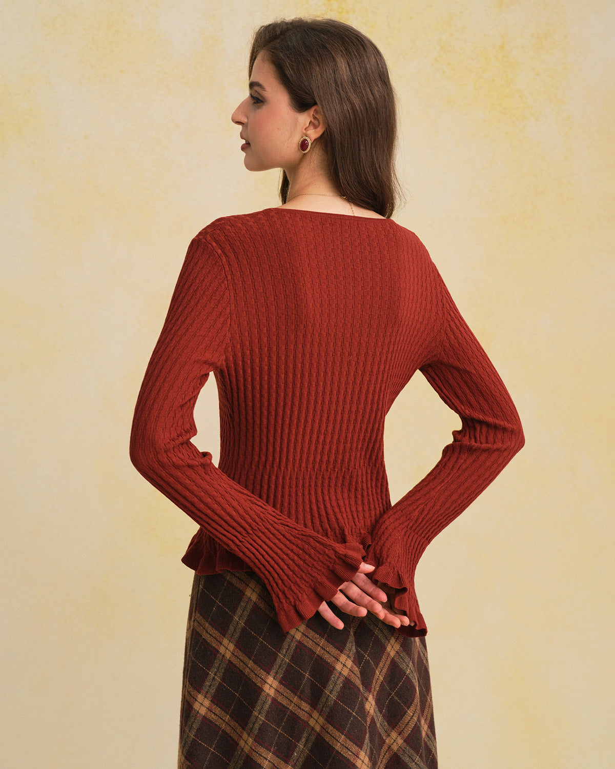 Brown V Neck Bell Sleeve Knit Cardigan | Rihoas