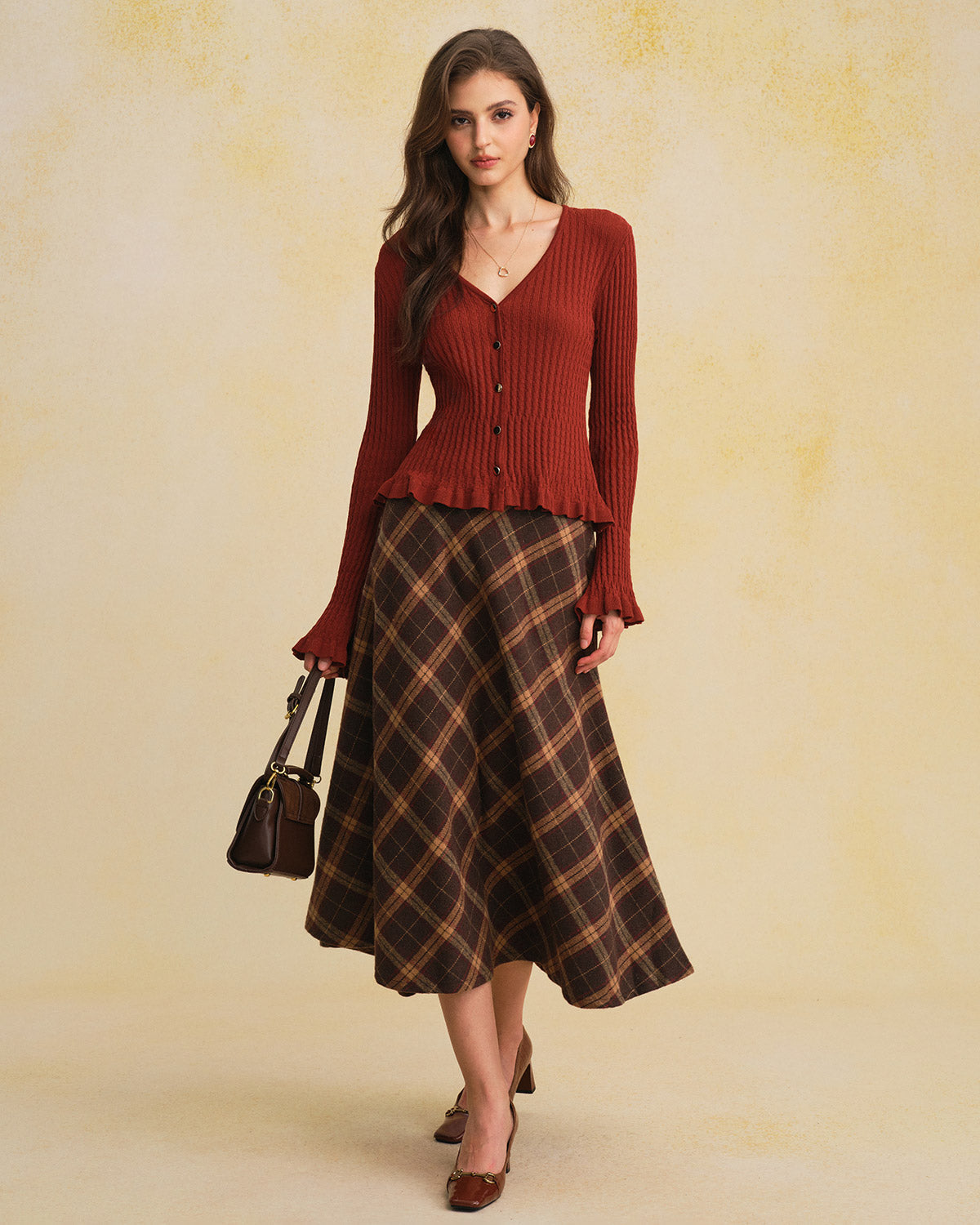 Brown V Neck Bell Sleeve Knit Cardigan | Rihoas