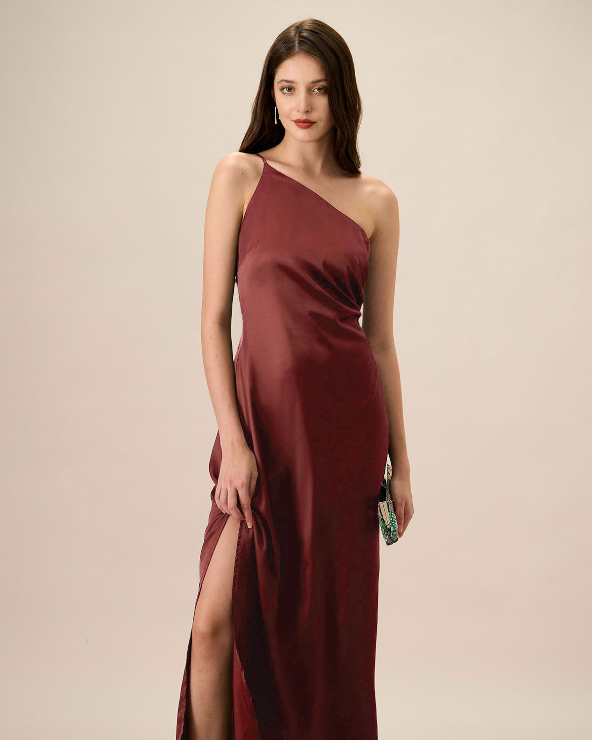 Red One-shoulder Satin Maxi Dress | Rihoas