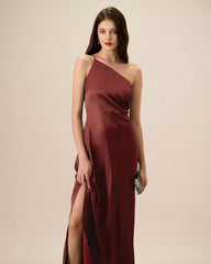 Red One-shoulder Satin Maxi Dress | Rihoas
