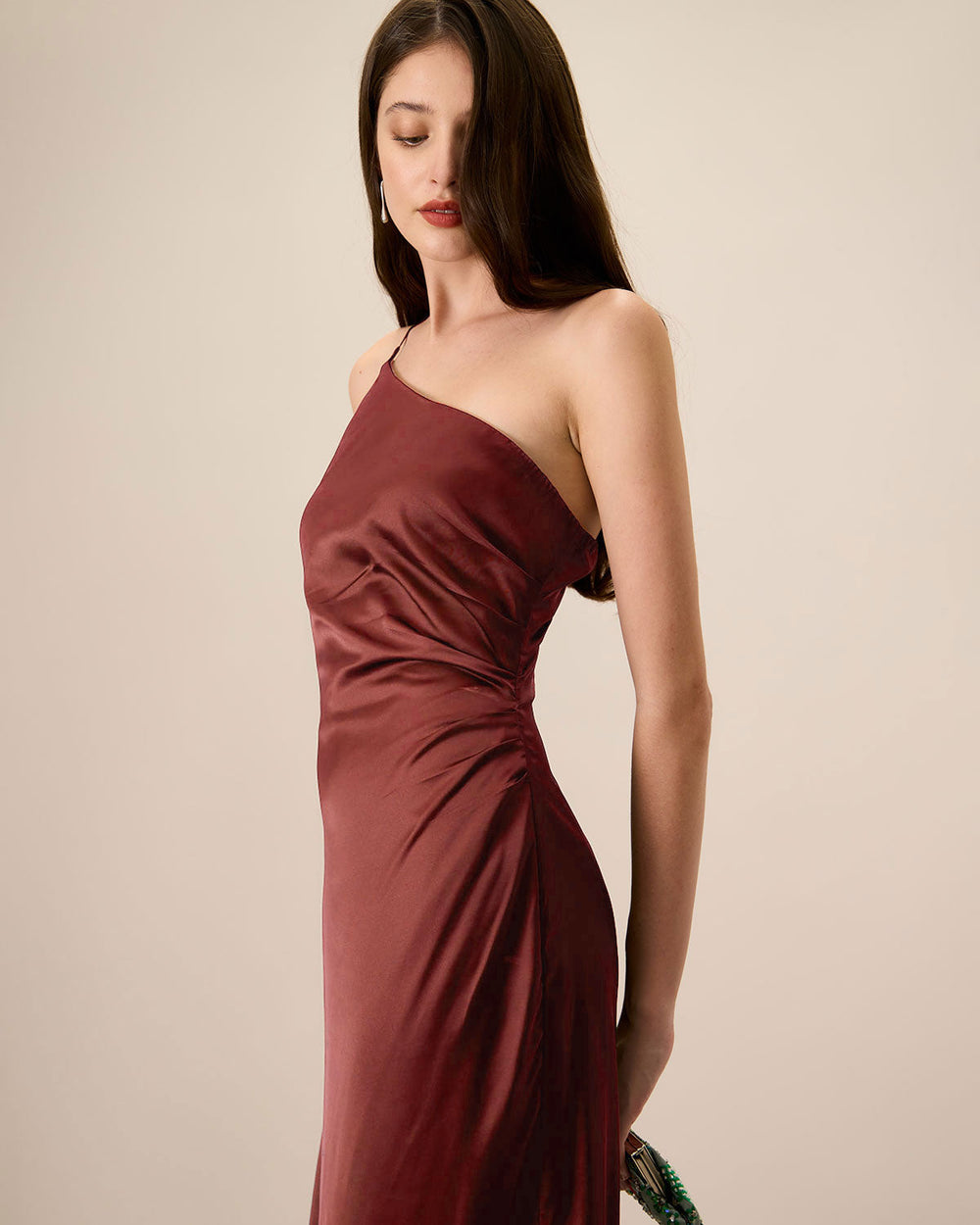 Red One-shoulder Satin Maxi Dress | Rihoas