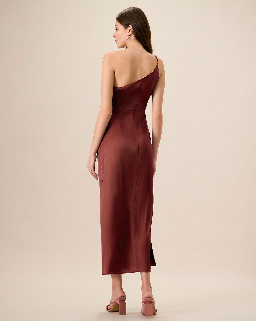 Red One-shoulder Satin Maxi Dress | Rihoas