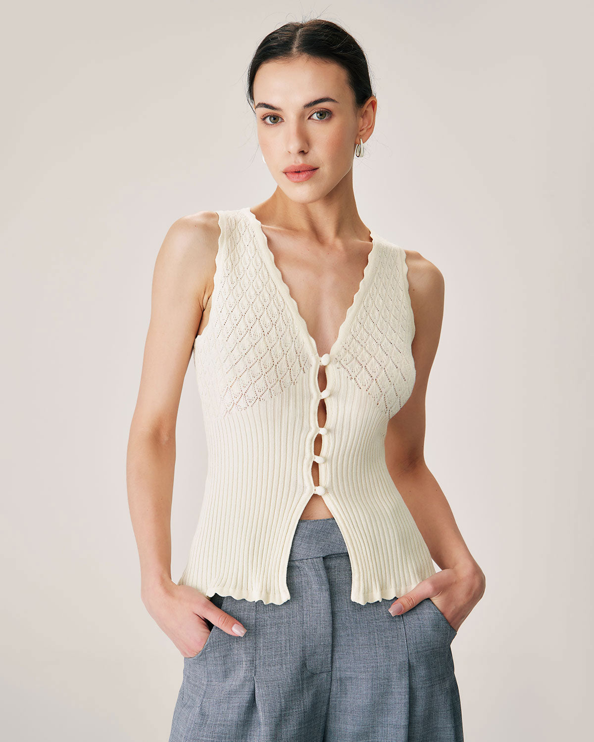 Beige V Neck Ribbed Knit Tank | Rihoas