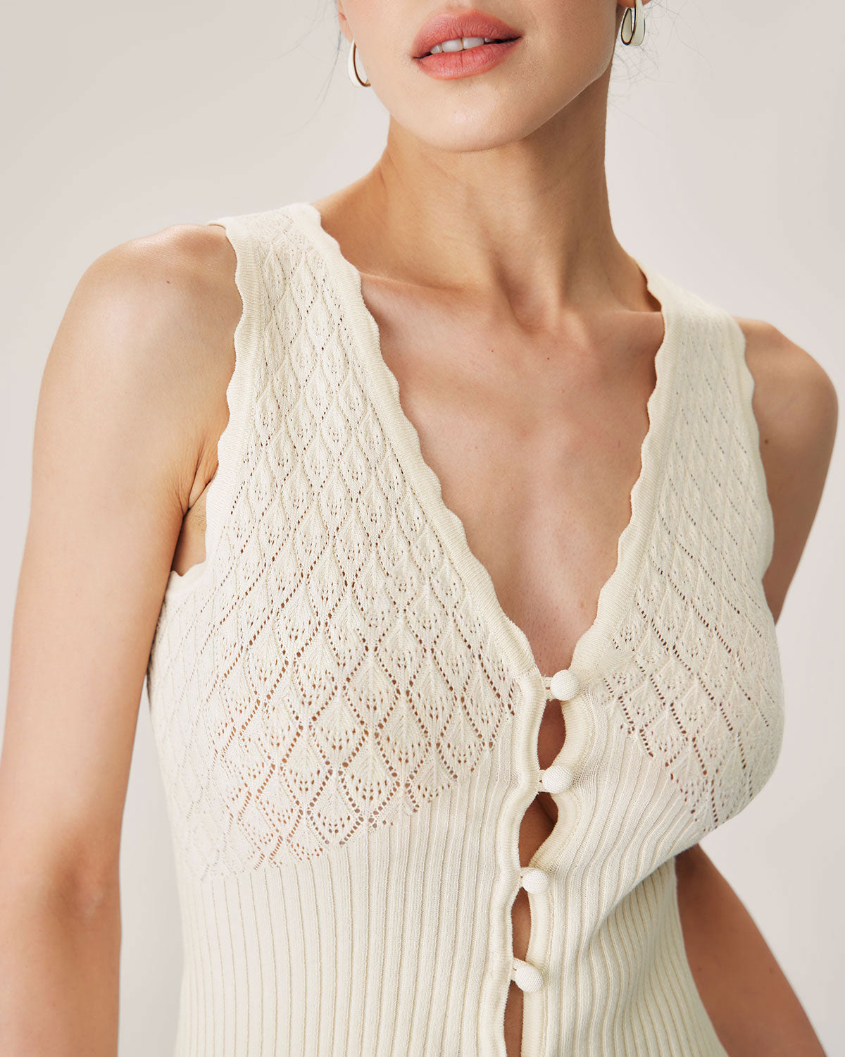 Beige V Neck Ribbed Knit Tank | Rihoas