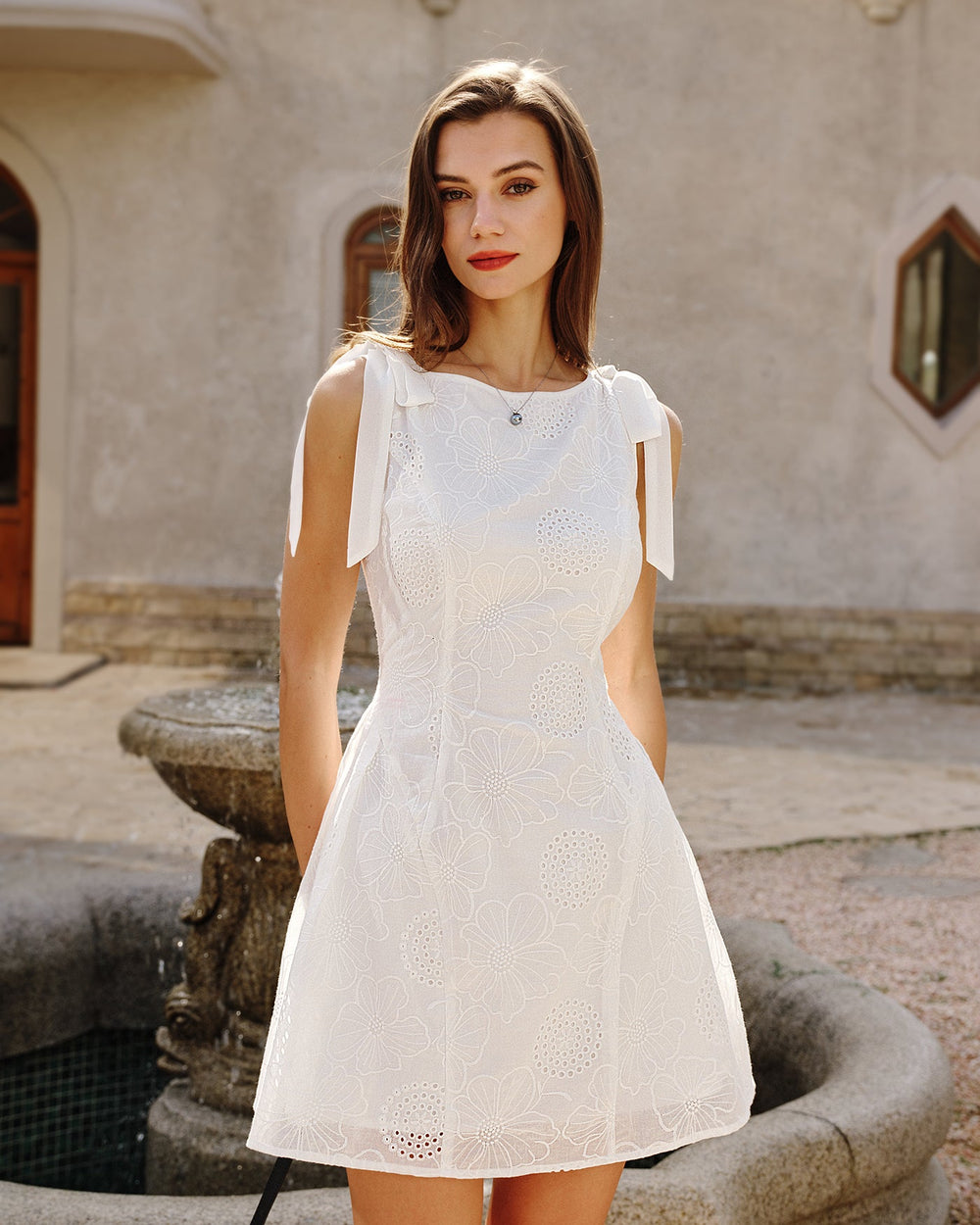 White Floral Textured Mini Dress | Rihoas