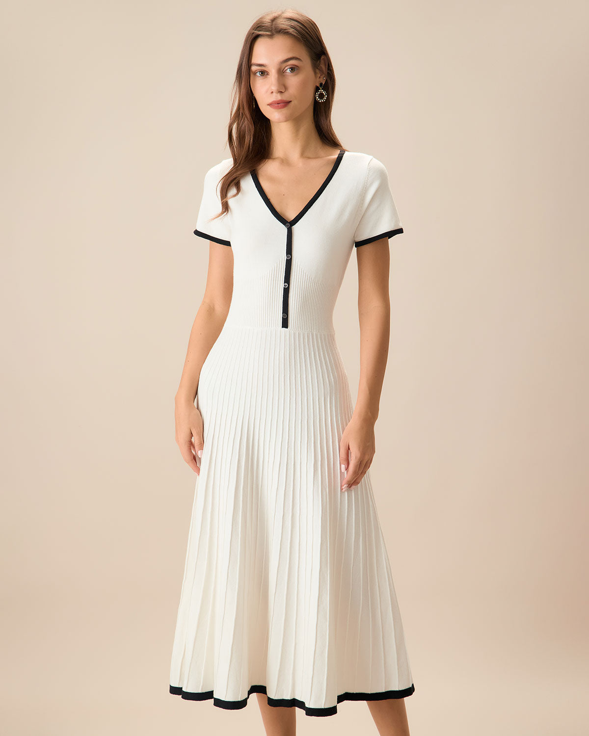 Women's White Contrasting Sweater Midi Dress | Rihoas