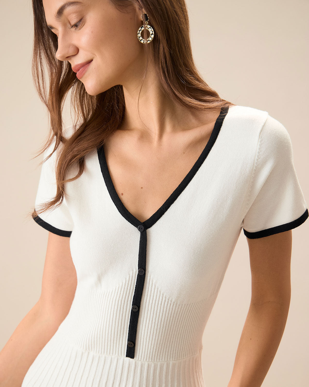 Women's White Contrasting Sweater Midi Dress | Rihoas