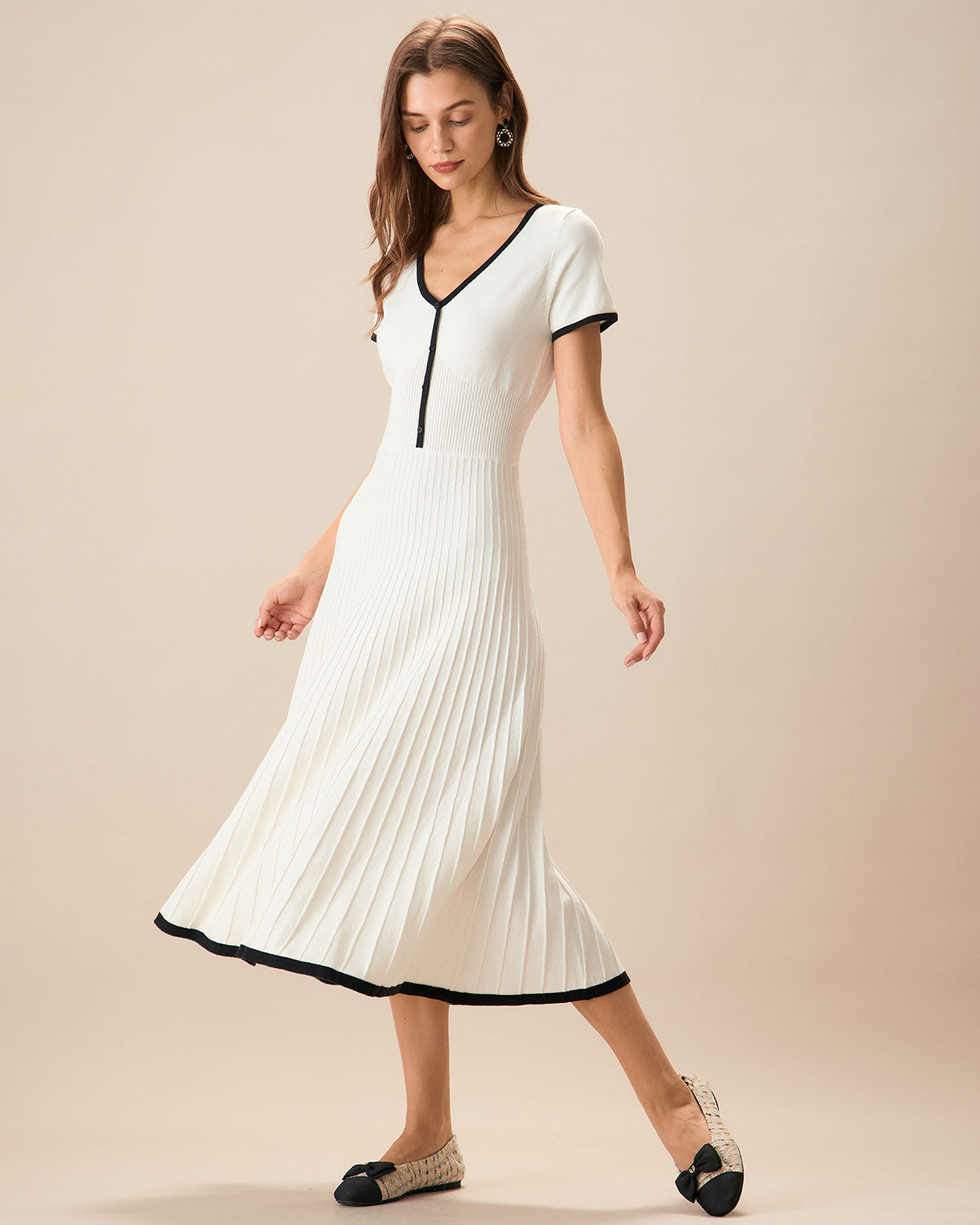 Women's White Contrasting Sweater Midi Dress | Rihoas