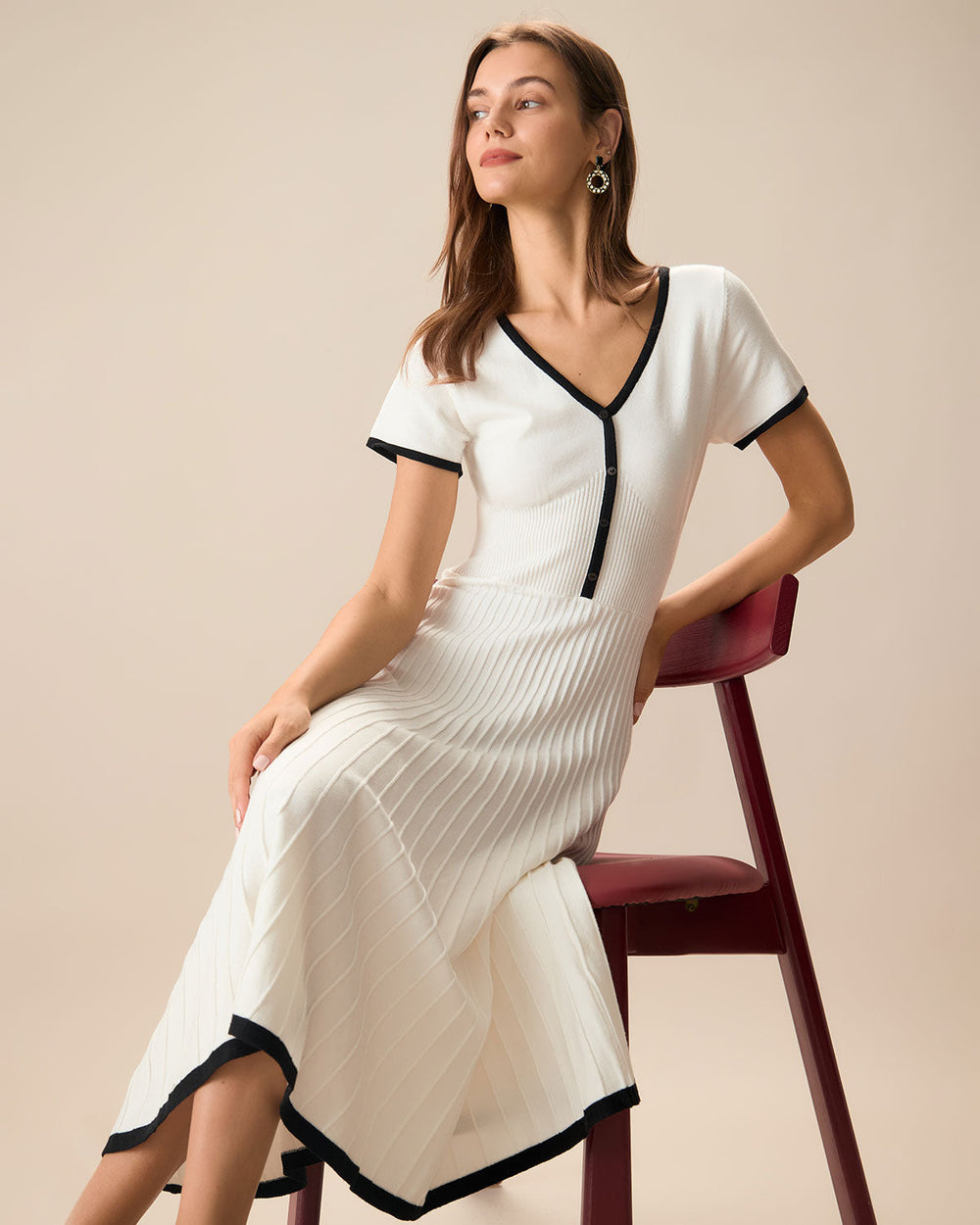 Women's White Contrasting Sweater Midi Dress | Rihoas