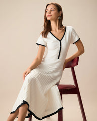 Women's White Contrasting Sweater Midi Dress | Rihoas
