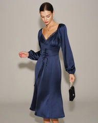 Navy Satin V Neck Ruched Midi Dress | Rihoas