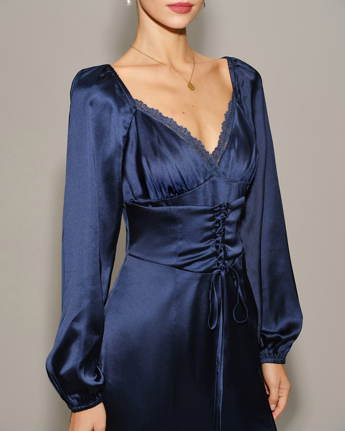Navy Satin V Neck Ruched Midi Dress | Rihoas
