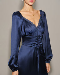 Navy Satin V Neck Ruched Midi Dress | Rihoas