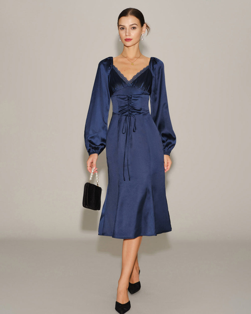 Navy Satin V Neck Ruched Midi Dress | Rihoas