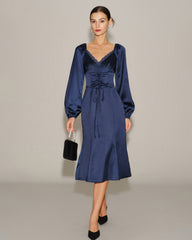 Navy Satin V Neck Ruched Midi Dress | Rihoas