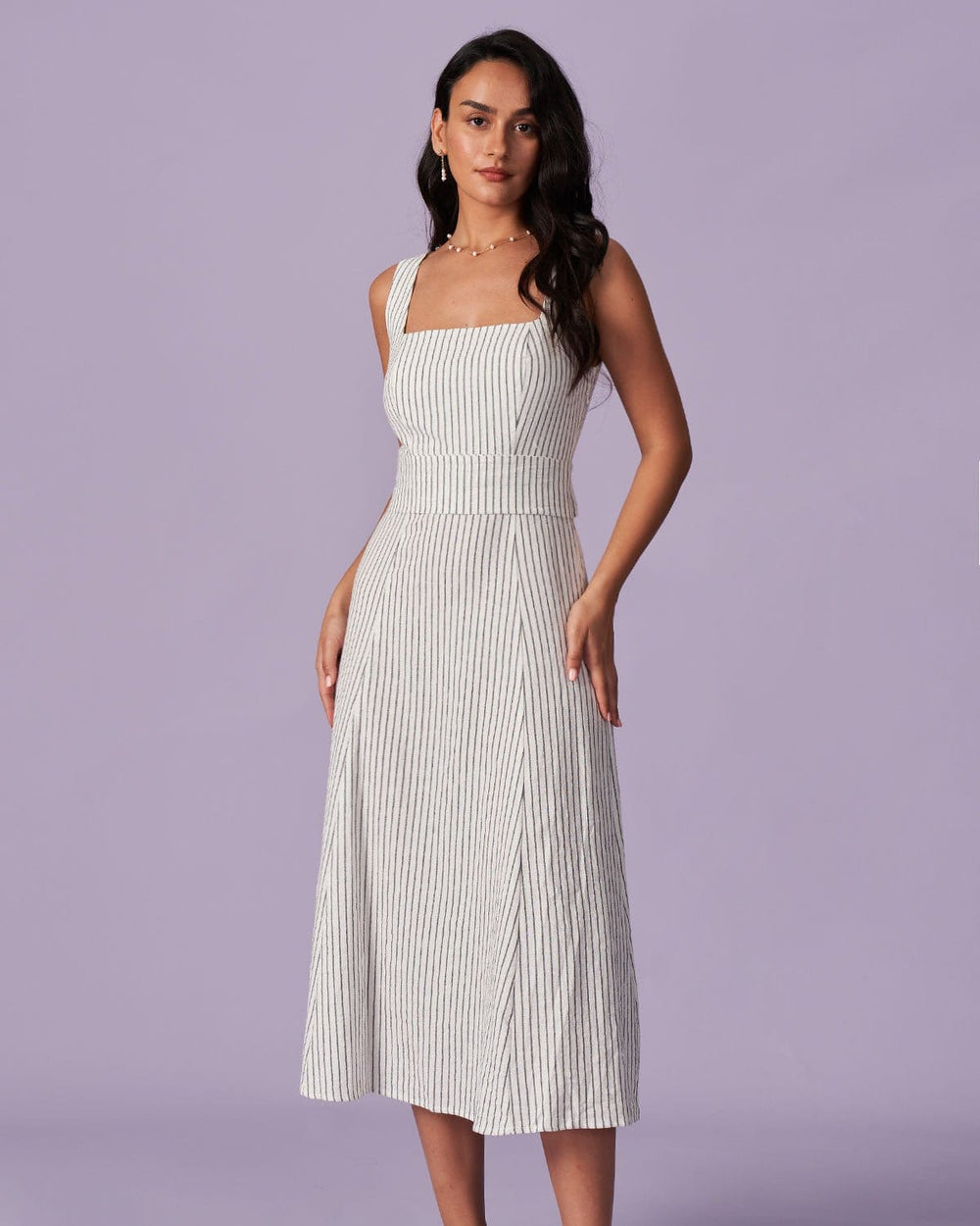 The White Square Neck Striped Midi Dress | Rihoas