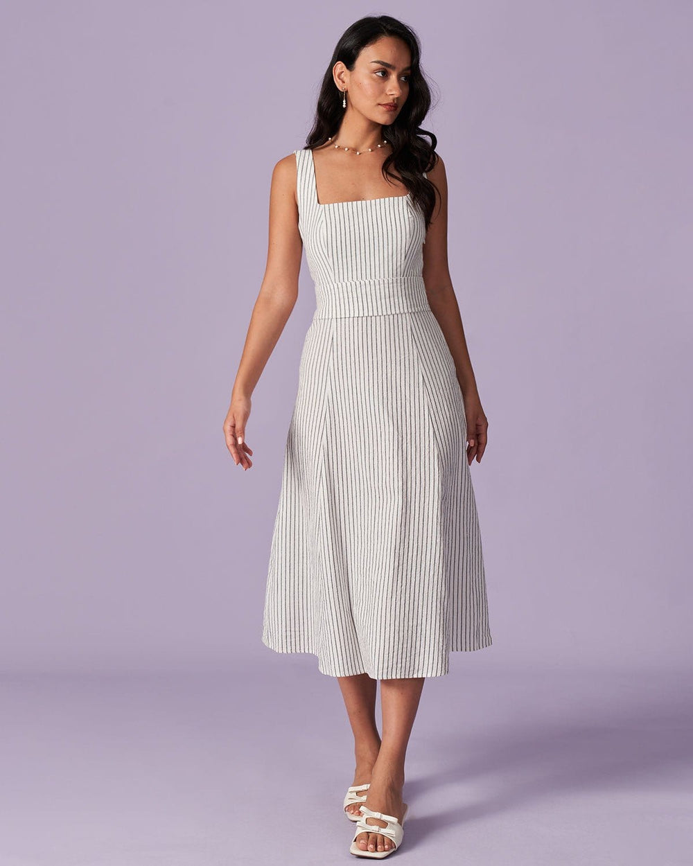 The White Square Neck Striped Midi Dress | Rihoas