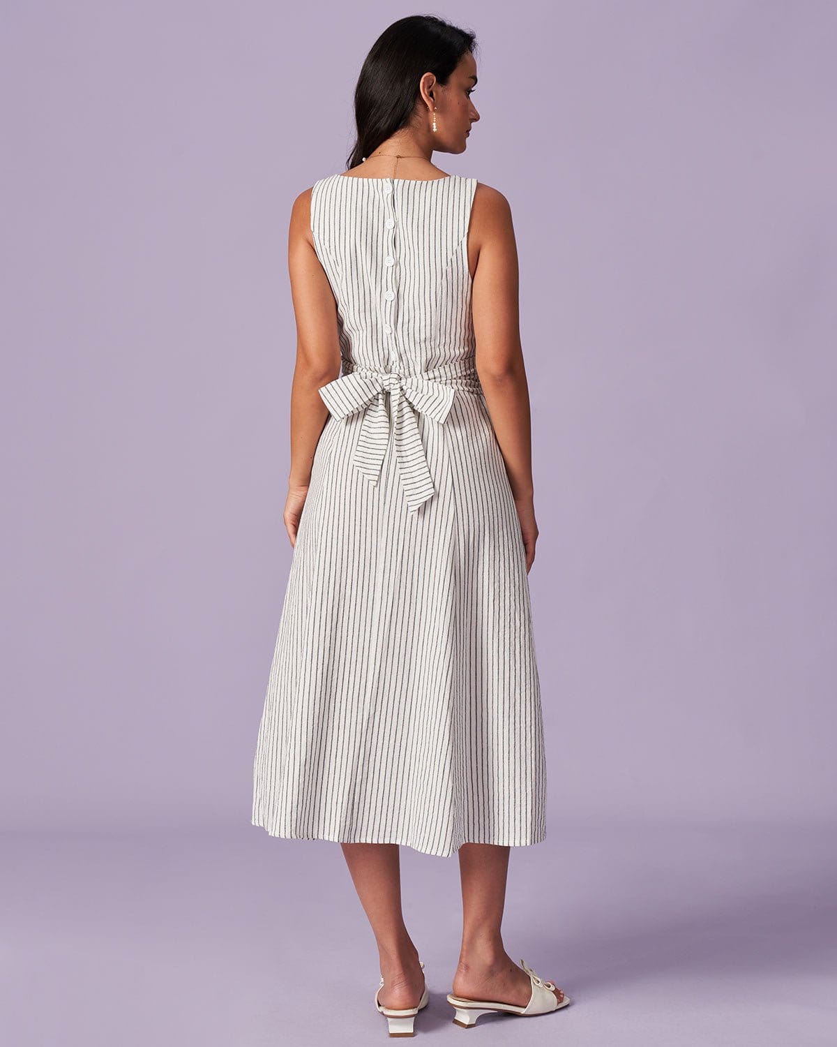 The White Square Neck Striped Midi Dress | Rihoas