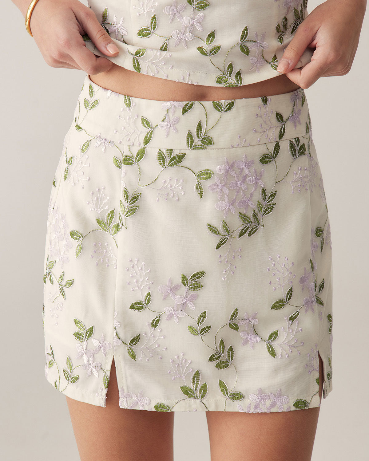 Beige Floral Straight Mini Skirt | Rihoas