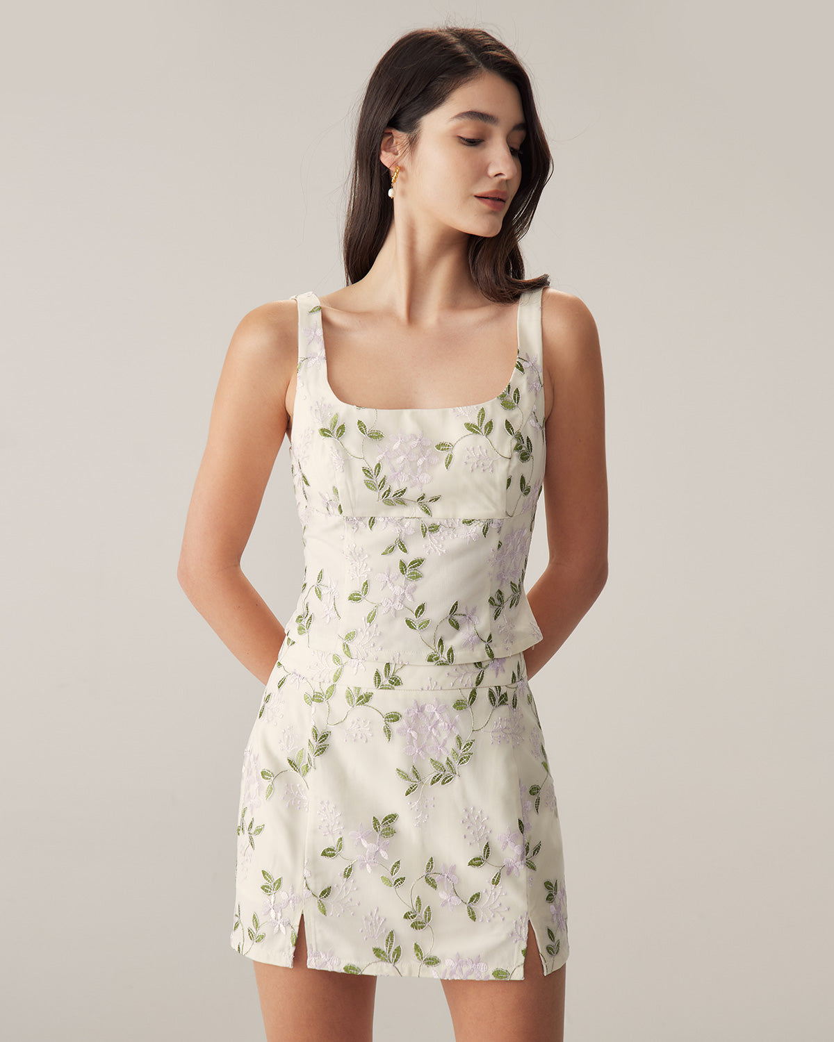 Beige Floral Straight Mini Skirt | Rihoas